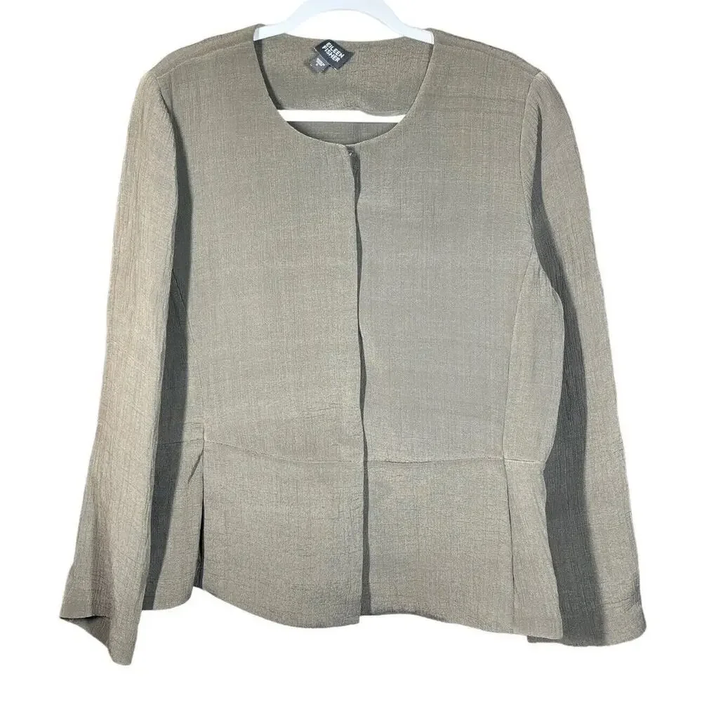 EILEEN FISHER Jacket Large Collarless Rayon Silk Blend Textured Brown Hook‎ Eye